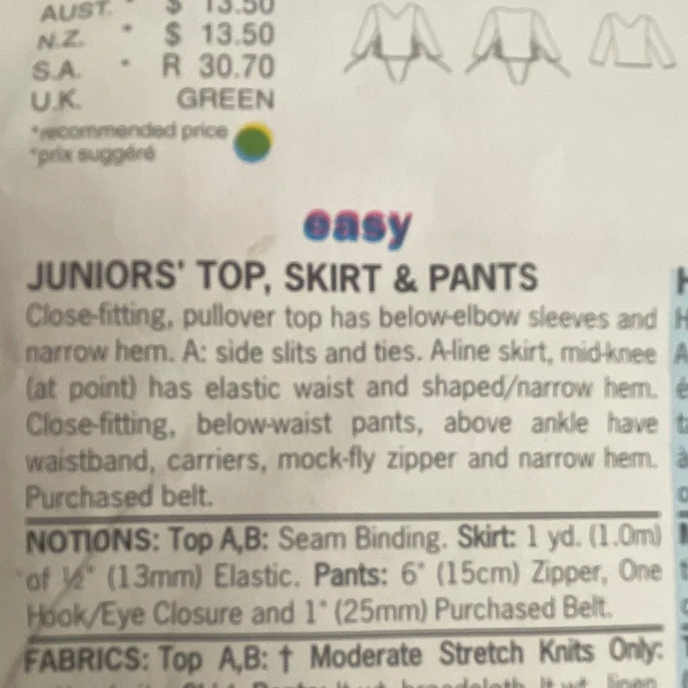 Butterick 6949 Easy Sewing Pattern Teen Girls Top Skirt Pants Sz‎ 9/10-13/14